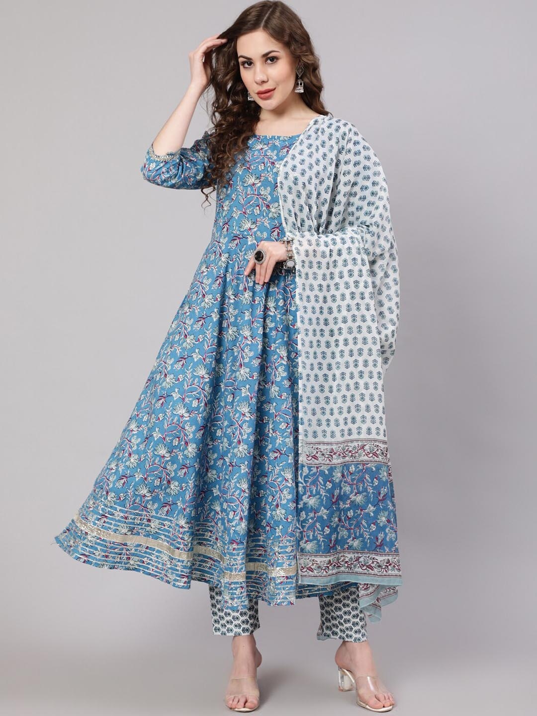 

Nayo Women Ethnic Motifs Printed Pure Cotton Kurta with Trousers & With Dupatta, Blue