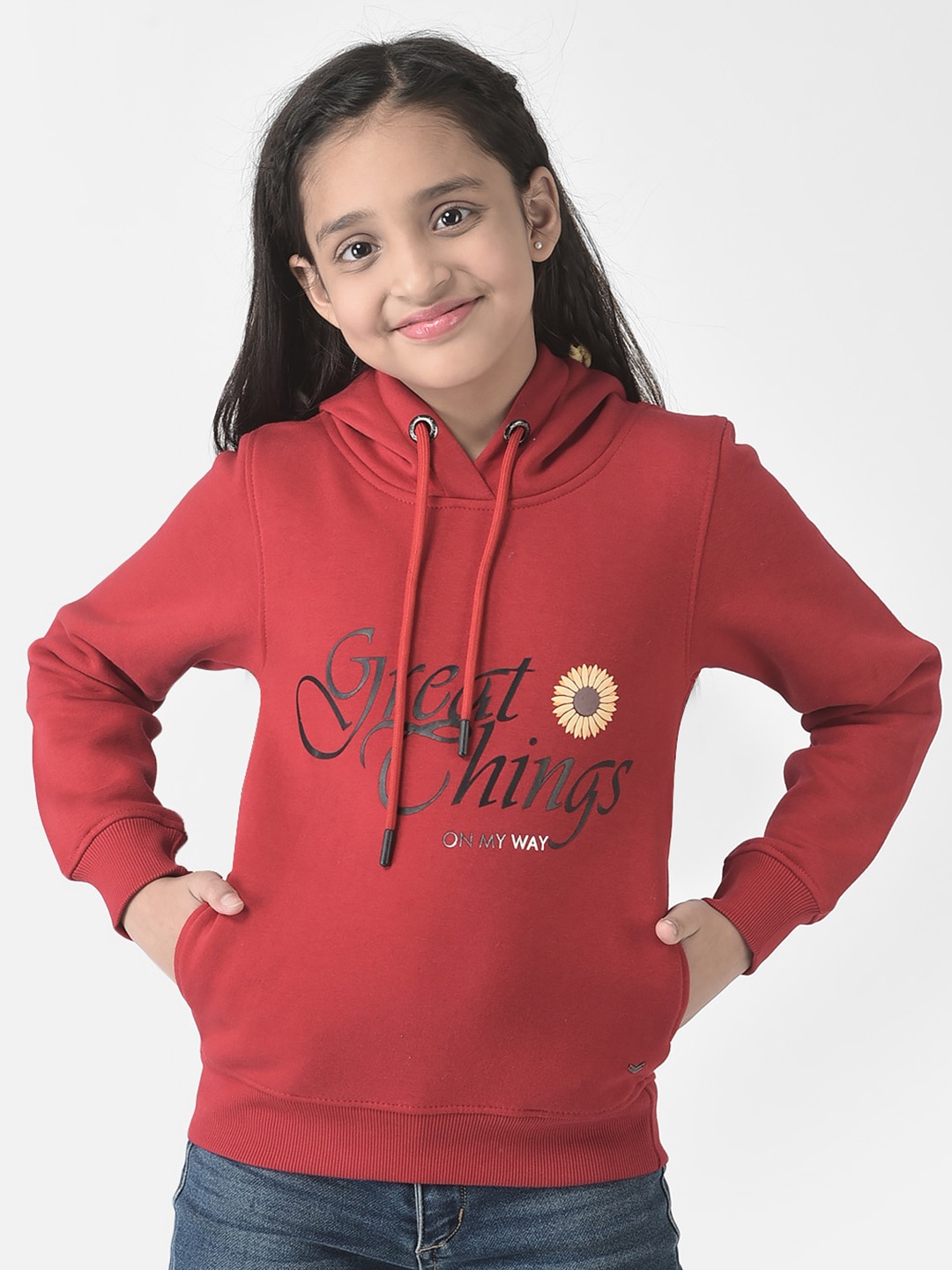 Crimsoune Club Girls Printed Hooded Cotton Sweatshirt, Red