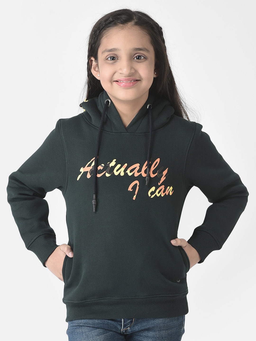 

Crimsoune Club Girls Printed Hooded Cotton Sweatshirt, Green