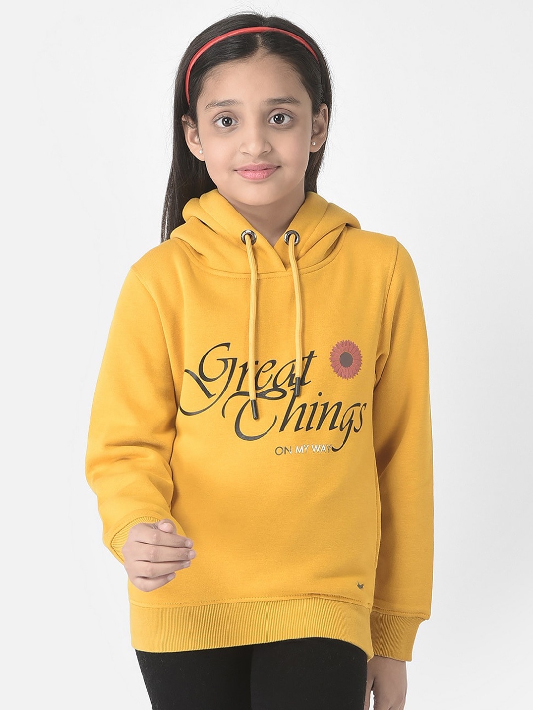 

Crimsoune Club Girls Printed Hooded Cotton Sweatshirt, Mustard