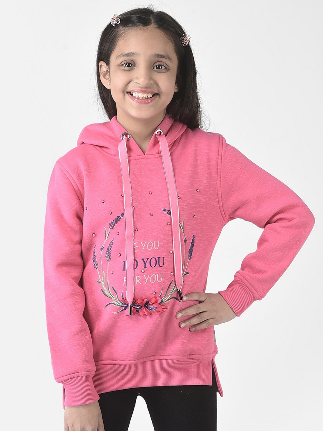 

Crimsoune Club Girls Cotton Printed Hooded Sweatshirt, Pink