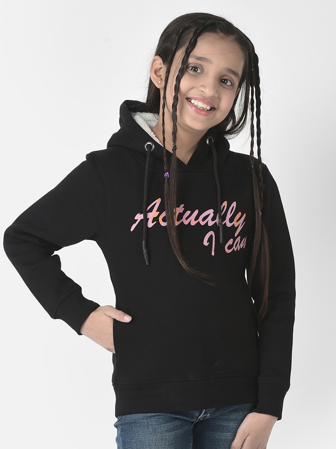Crimsoune Club Girls Cotton Printed Hooded Sweatshirt, Black