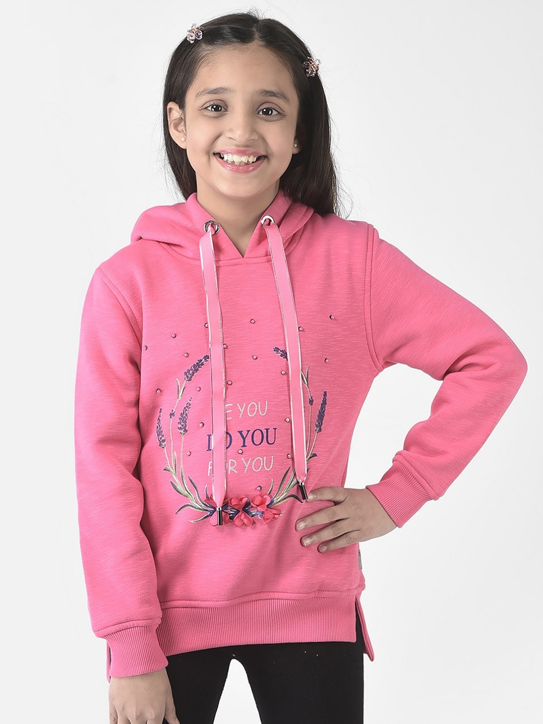 Crimsoune Club Girls Cotton Printed Hooded Sweatshirt, Pink