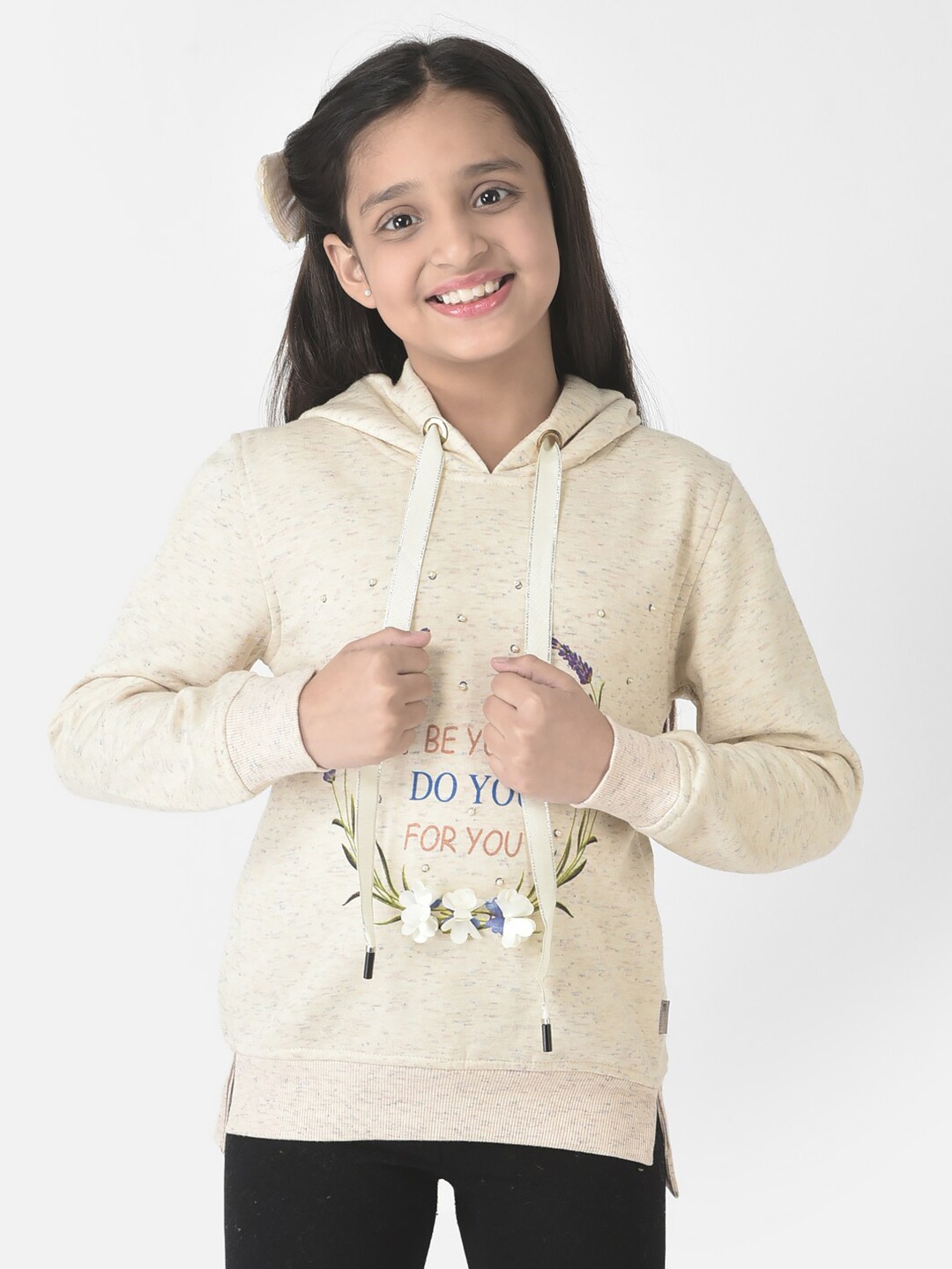 

Crimsoune Club Girls Printed Hooded Cotton Sweatshirt, Beige