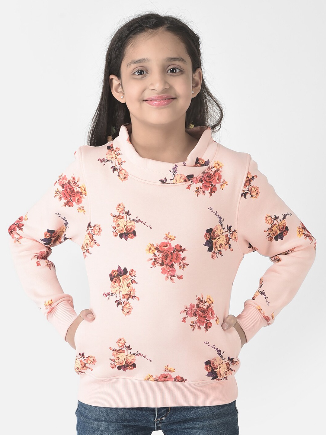 

Crimsoune Club Girls Floral Printed Cotton Sweatshirt, Peach