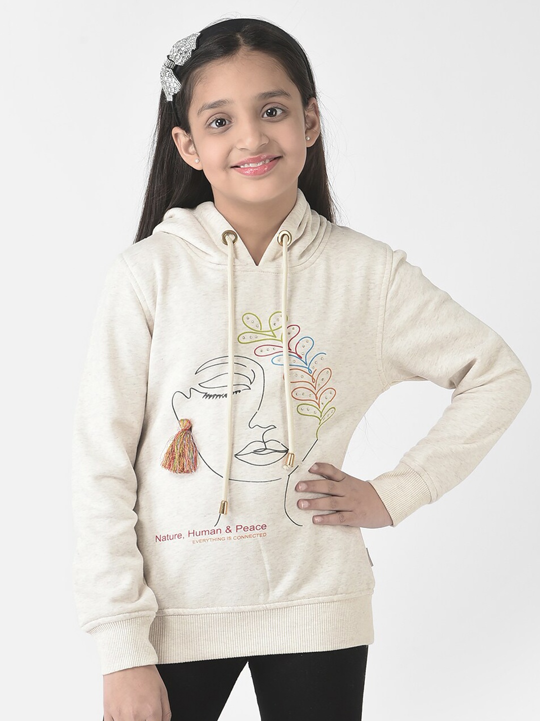 

Crimsoune Club Girls Printed Hooded Sweatshirt, Beige