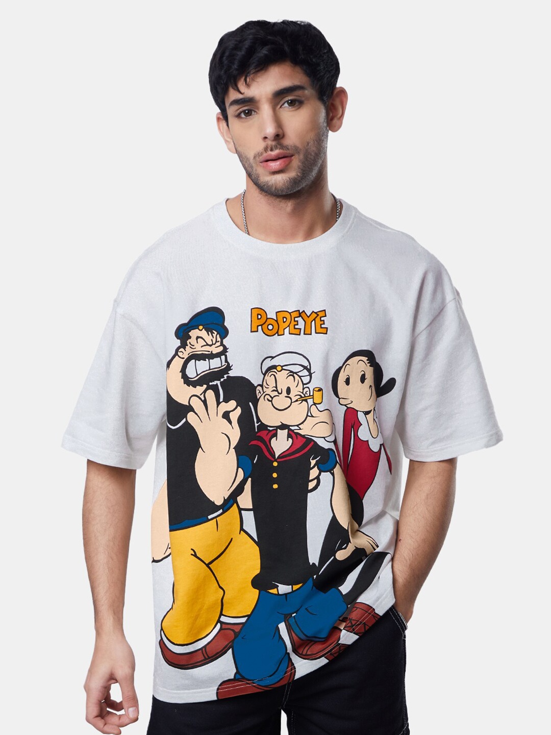 

The Souled Store Men Popeye Printed Extended Sleeves Oversized T-Shirt, Off white