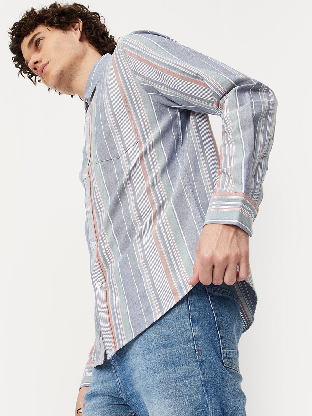 

max Men Multi Stripes Striped Cotton Casual Shirt, Blue