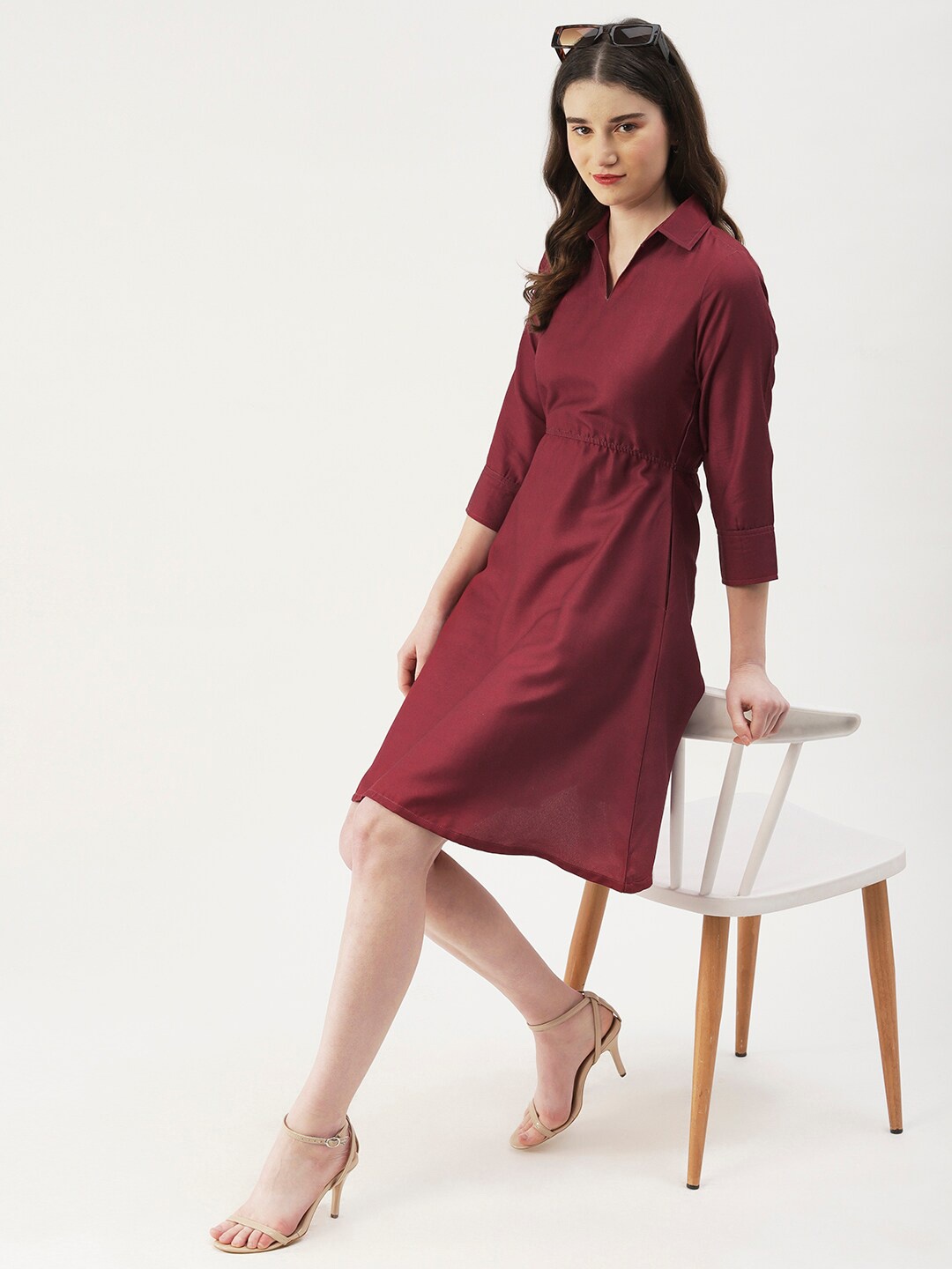 

DressBerry Burgundy Shirt Collar Cuffed Sleeves A-Line Dress