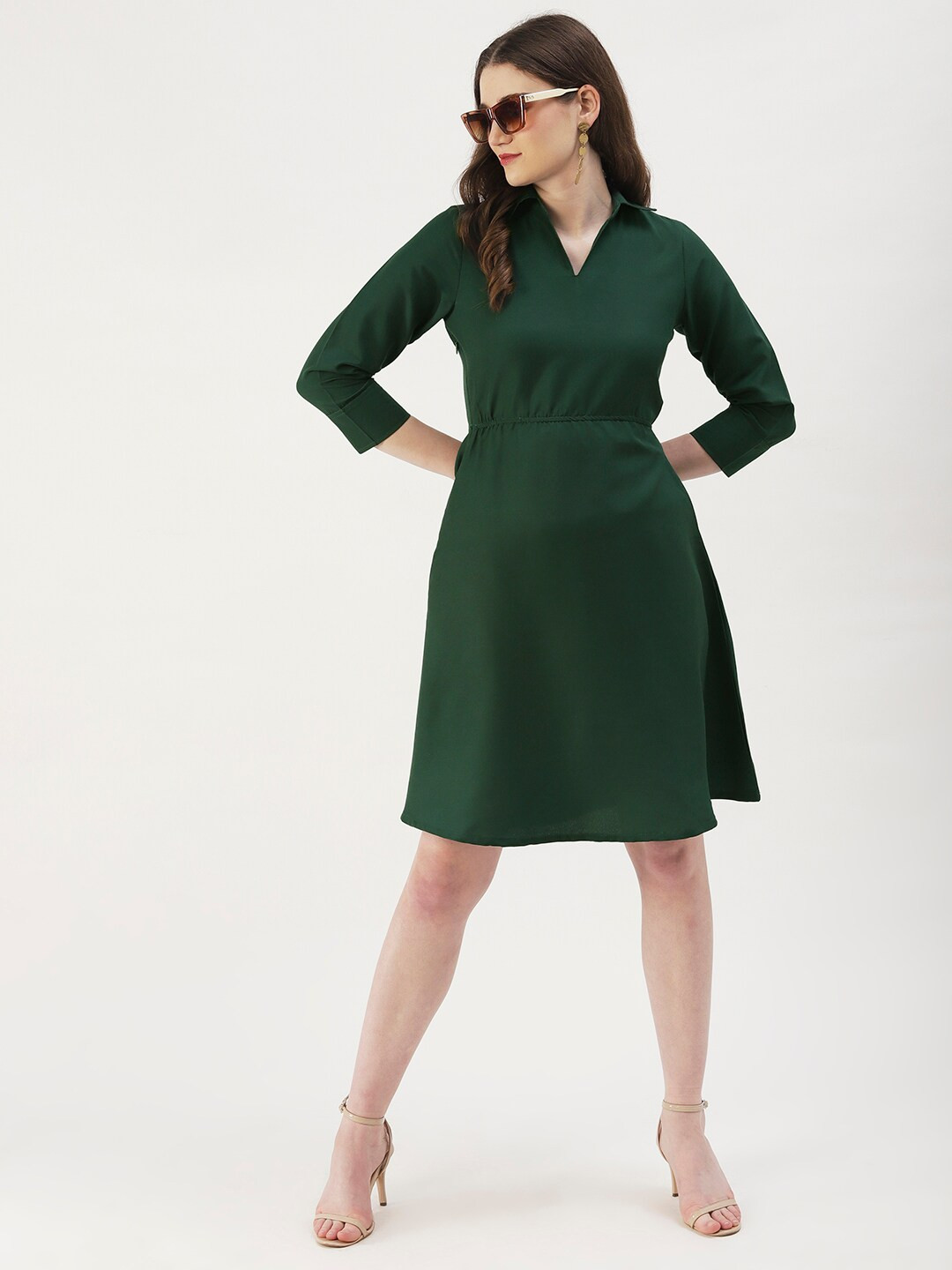 

DressBerry Green Shirt Collar Cuffed Sleeves A-Line Dress