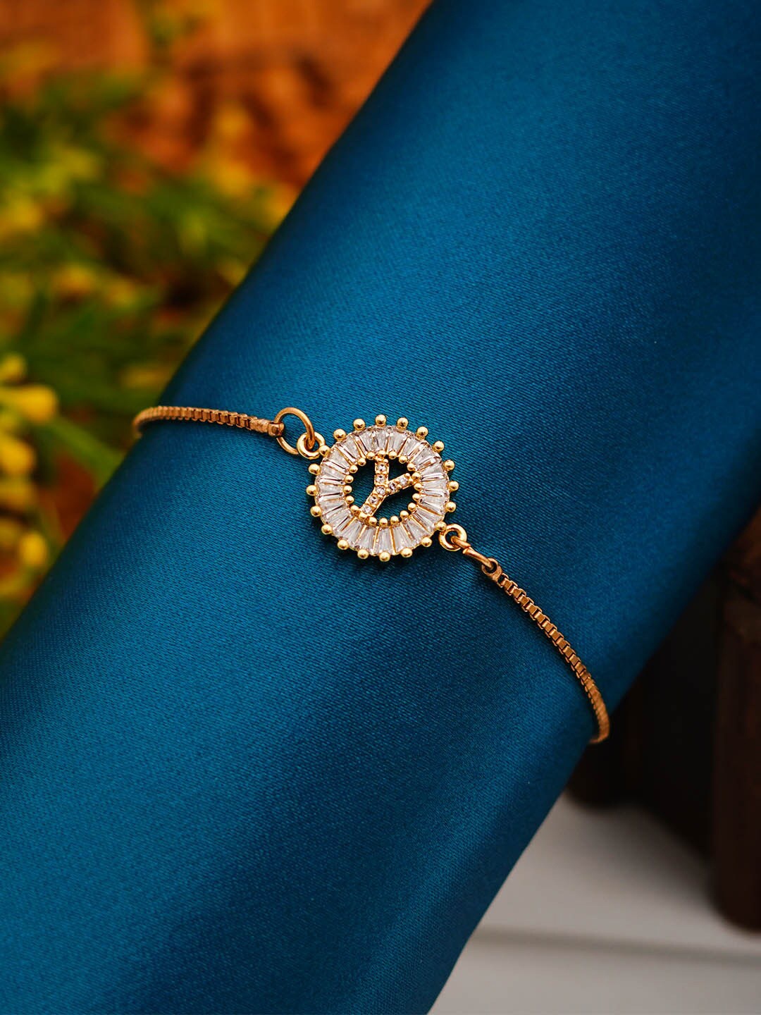 

Ferosh Women Gold-Plated Crystal Studded Y Alphabet Charm Bracelet