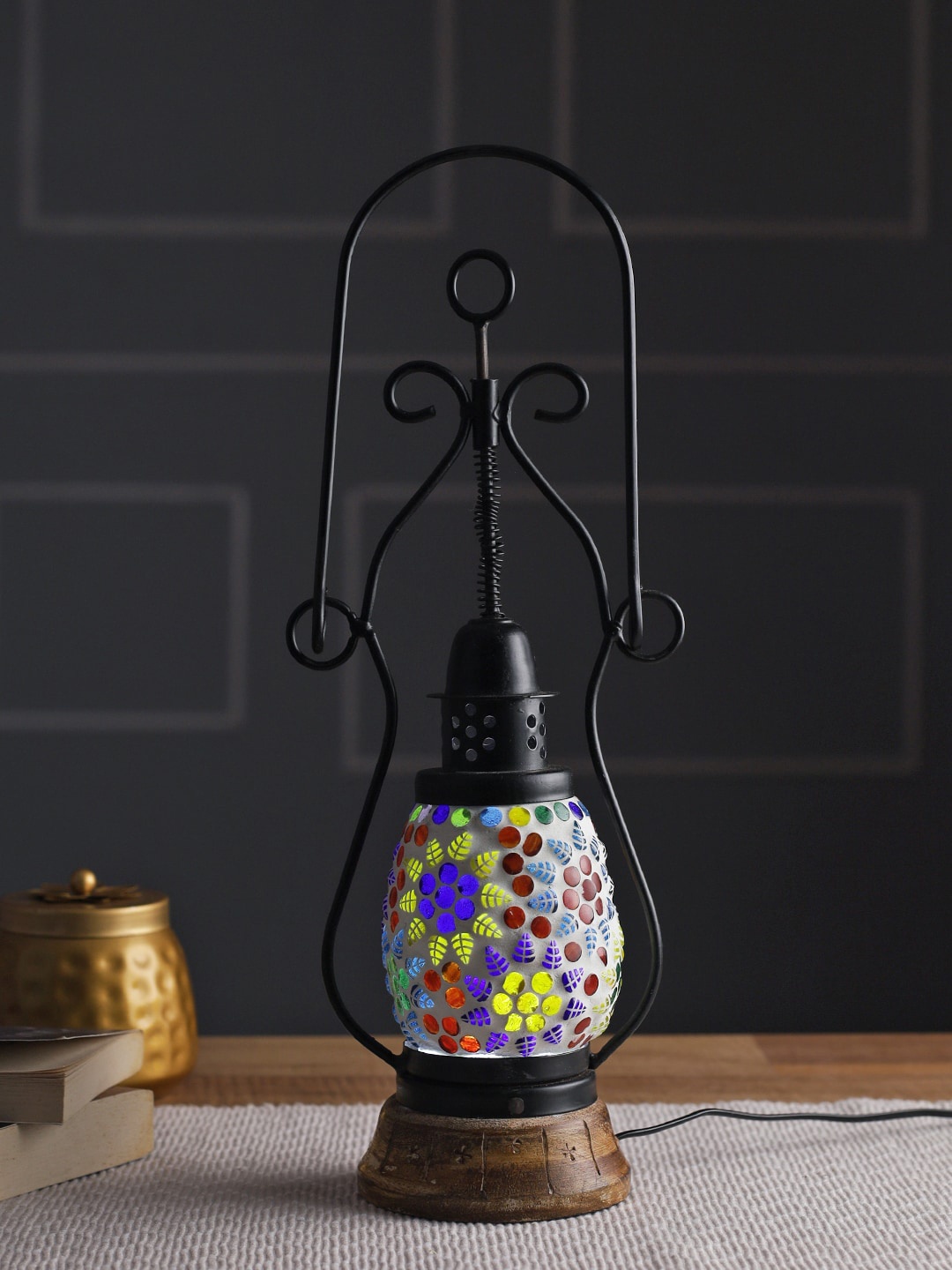 

Aapno Rajasthan Lantern Lamp Black & Brown Textured Glass Table Lamp With Iron Base