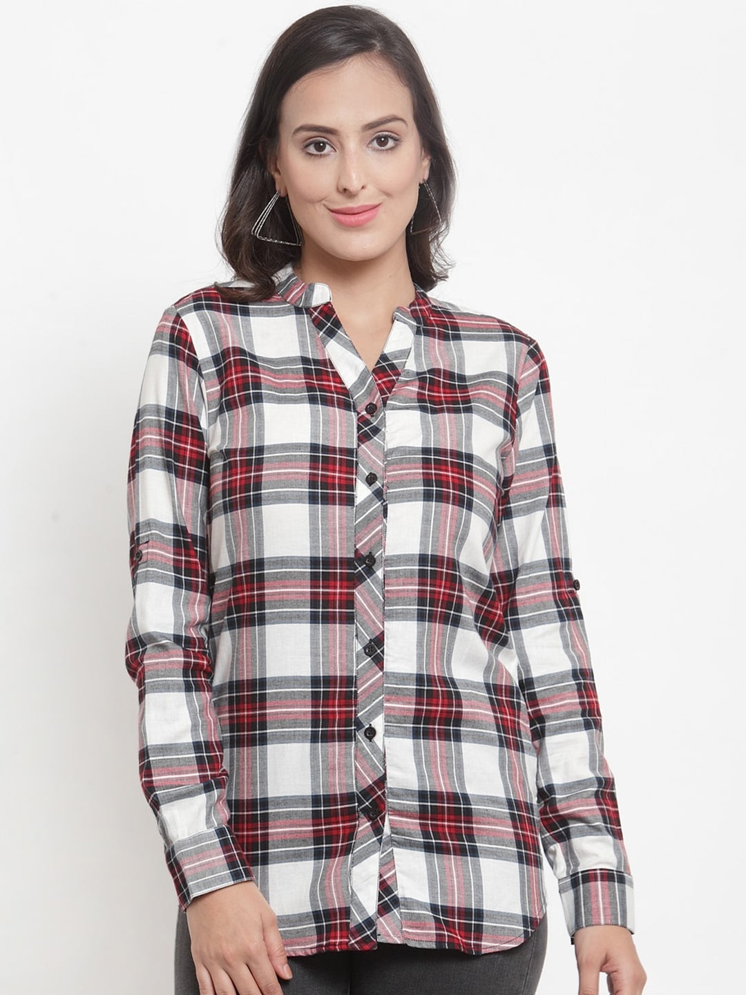 

Purple State Women Tartan Checks Checked Casual Cotton Shirt, White
