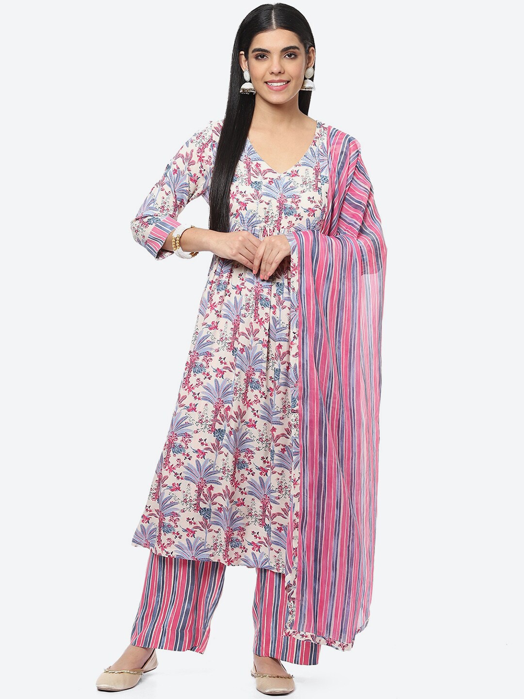 

Biba Ethnic Motifs Printed Kurta with Palazzos & With Dupatta, Off white