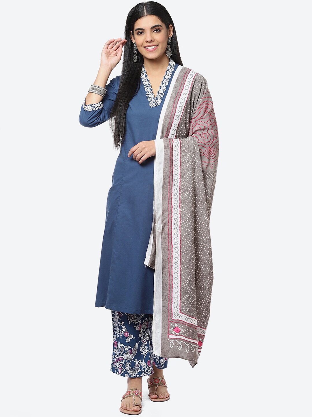 

Biba Floral Thread Work Kurta with Palazzos & With Dupatta, Blue