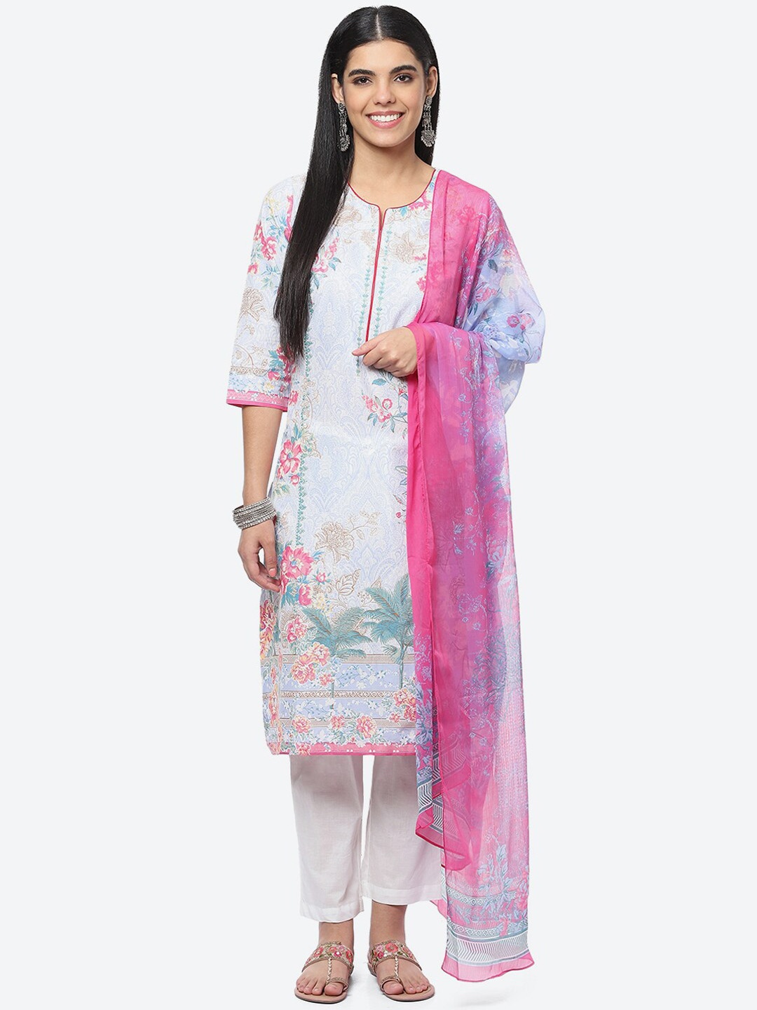 

Biba Floral Printed Kurta with Trousers & With Dupatta, Blue