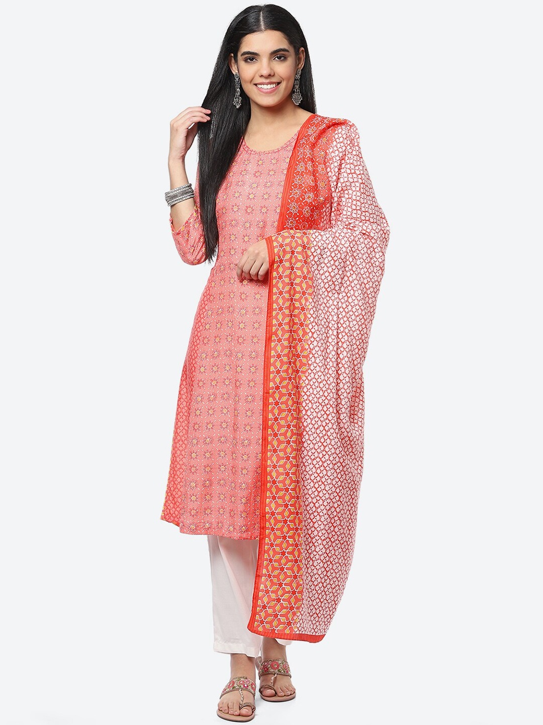 

Biba Ethnic Motifs Printed Kurta with Trousers & With Dupatta, Coral