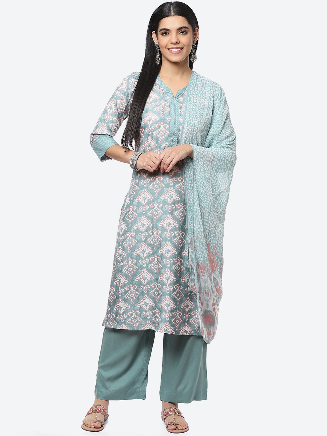 

Biba Ethnic Motifs Printed Kurta with Palazzos & With Dupatta, Sea green