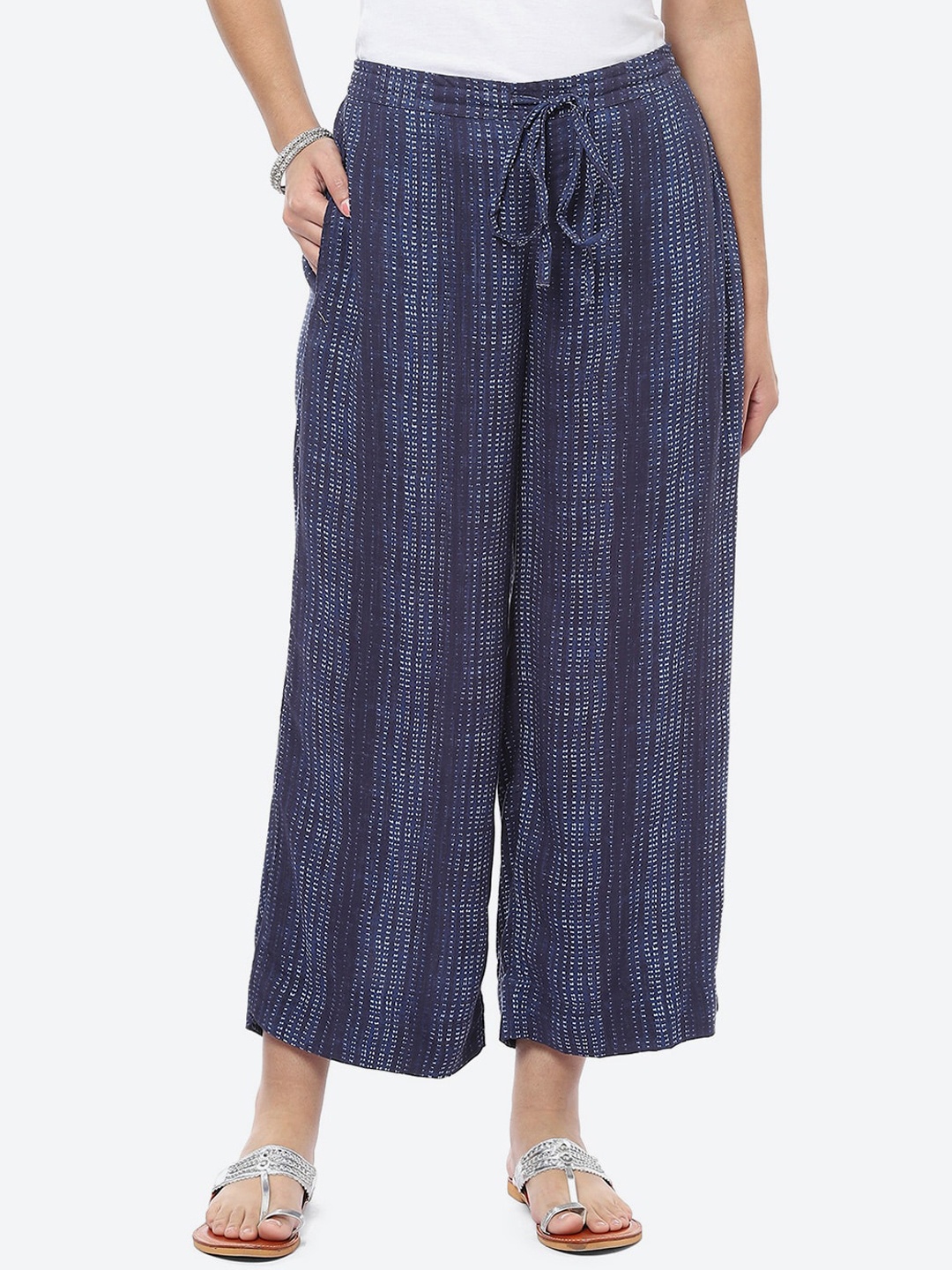 

Biba Women Printed Smart Straight Fit Cropped Parallel Trousers, Blue