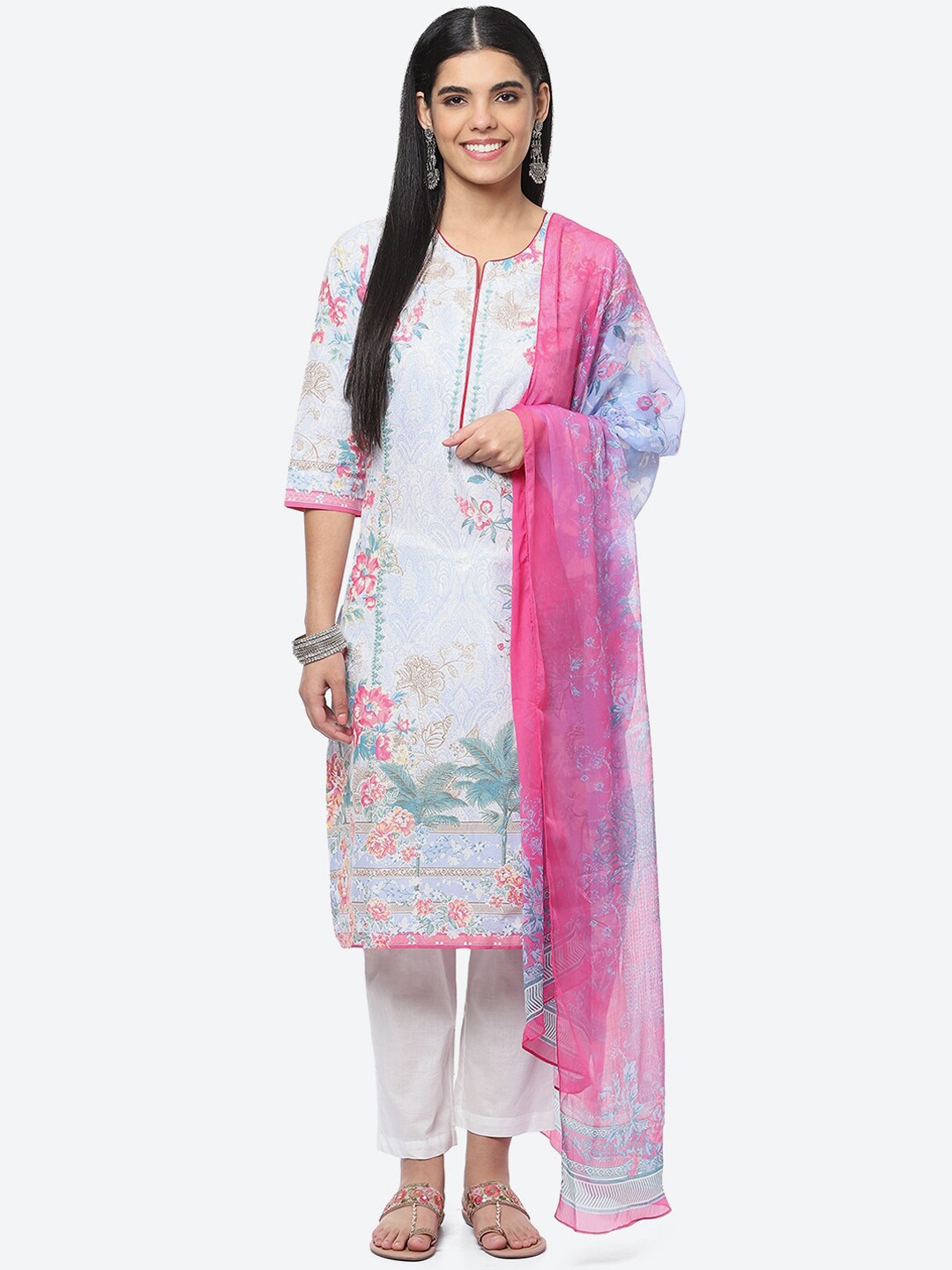 

Biba Women Floral Printed Kurta With Trousers & Dupatta, Blue