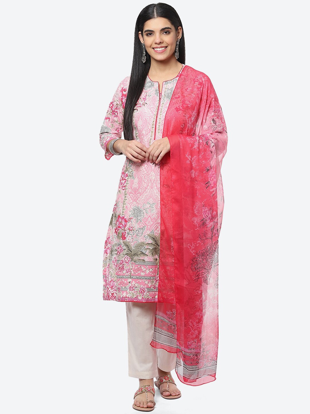 

Biba Women Floral Printed Kurta with Trousers & With Dupatta, Pink