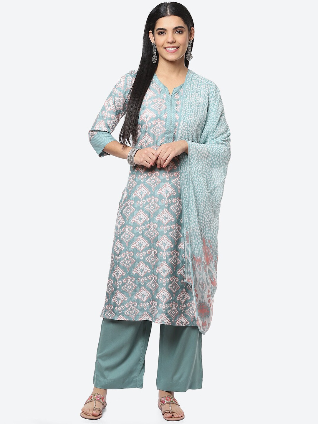 

Biba Women Ethnic Motifs Printed Kurta with Palazzos & With Dupatta, Sea green