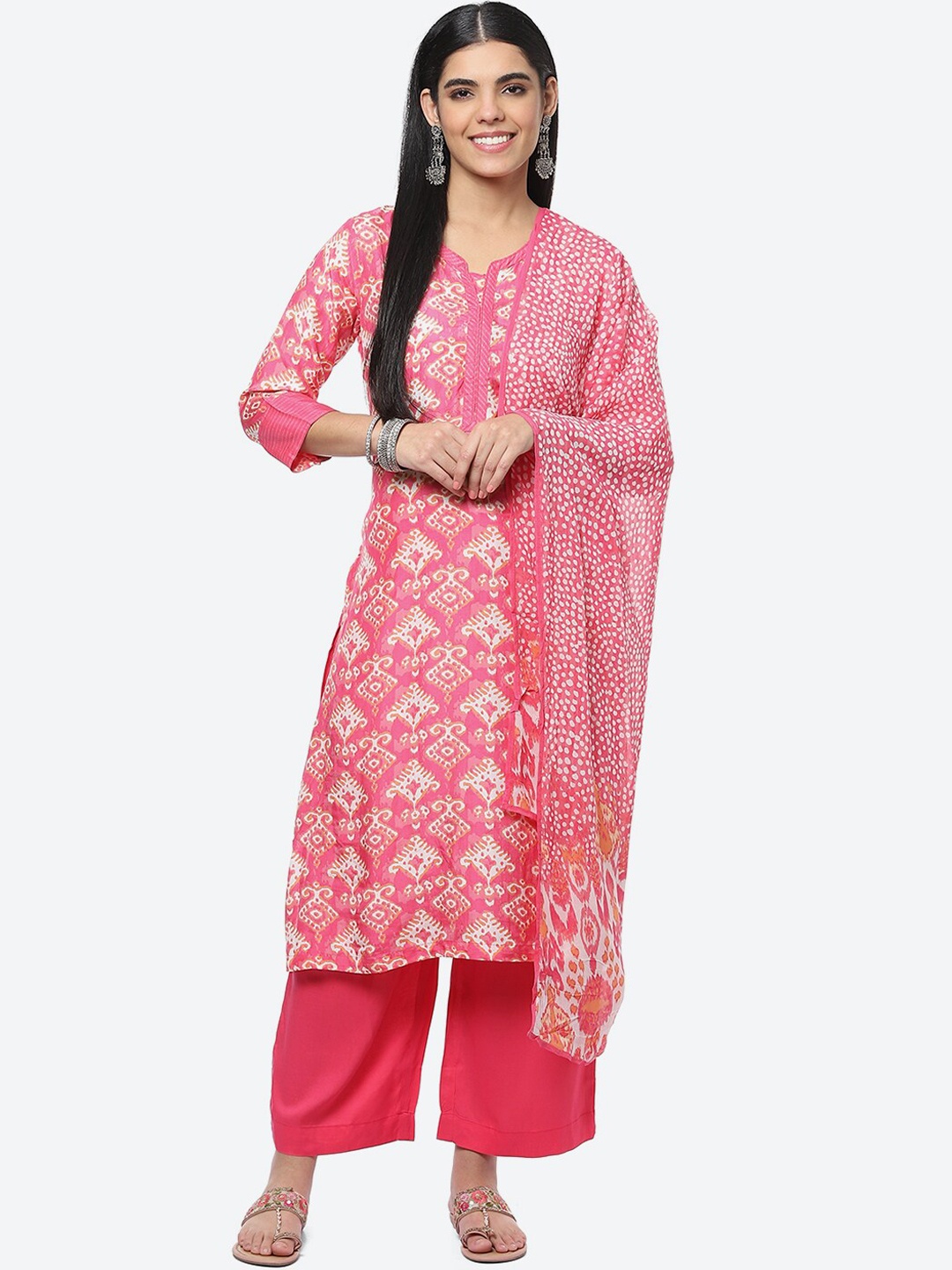 

Biba Women Ethnic Motifs Printed Kurta with Palazzos & With Dupatta, Coral