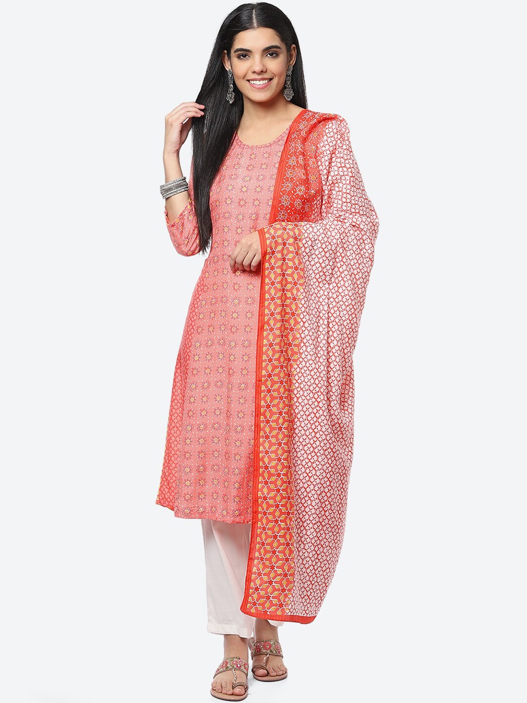 

Biba Women Floral Printed Kurta with Palazzos & With Dupatta, Coral