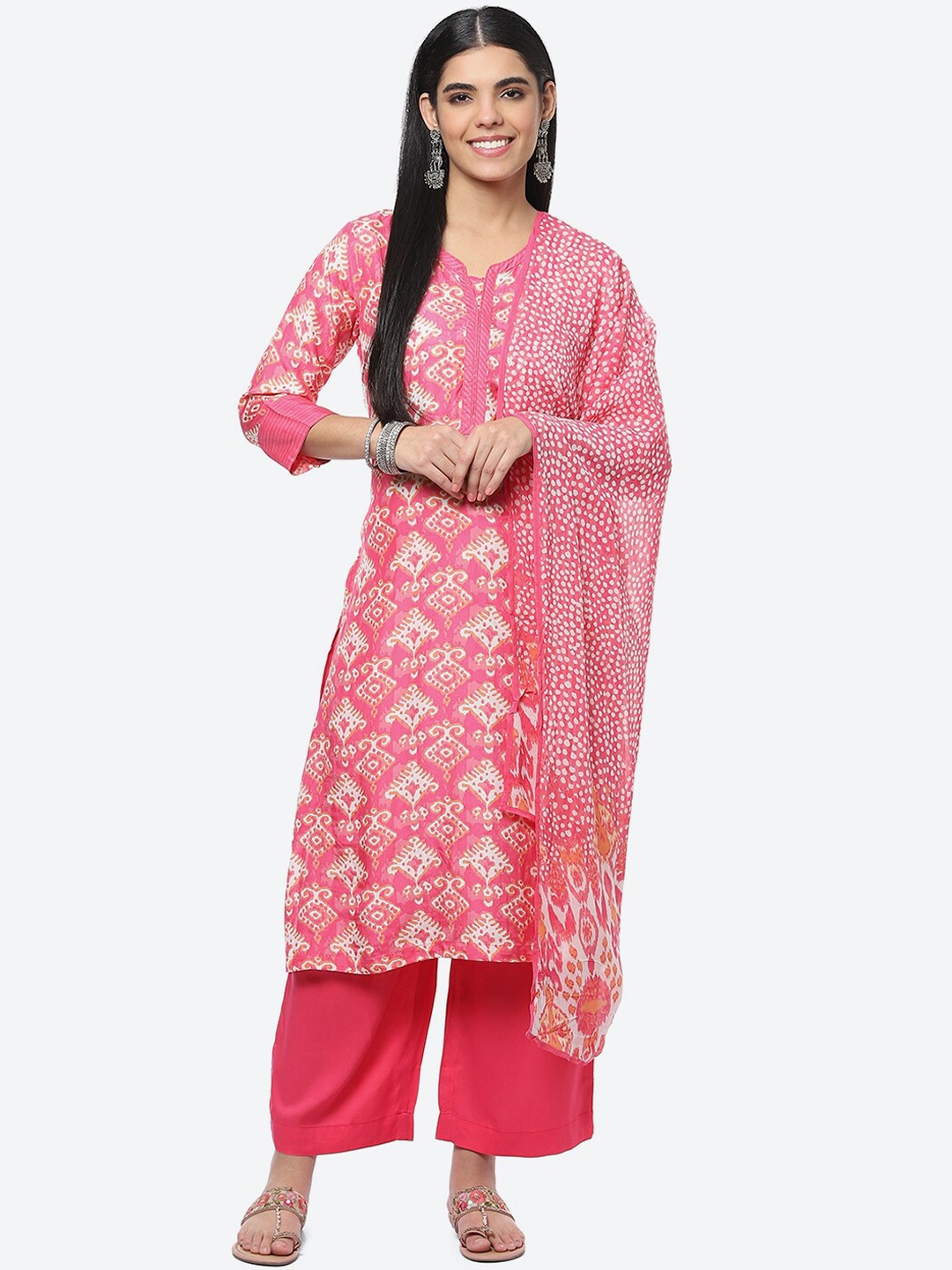 

Biba Women Floral Printed Kurta with Palazzos & With Dupatta, Coral