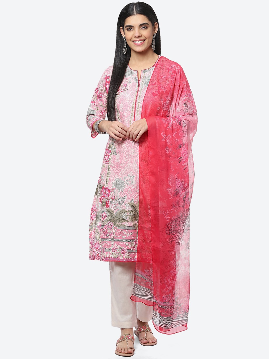 

Biba Floral Printed Cotton Blend Kurta with Trousers & With Dupatta, Pink