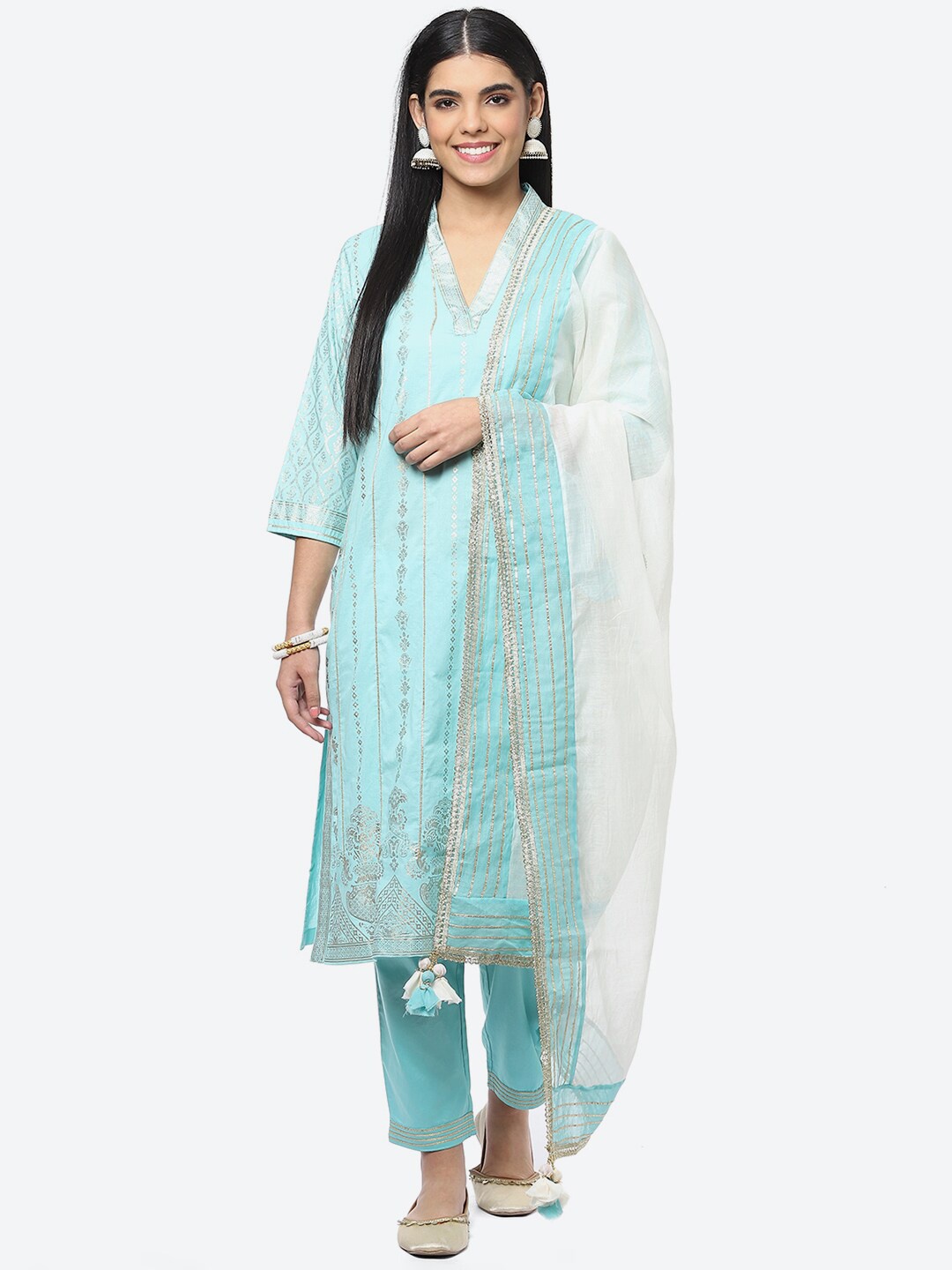 

Biba Ethnic Motifs Printed Sequinned Cotton Blend Kurta with Trousers & With Dupatta, Blue