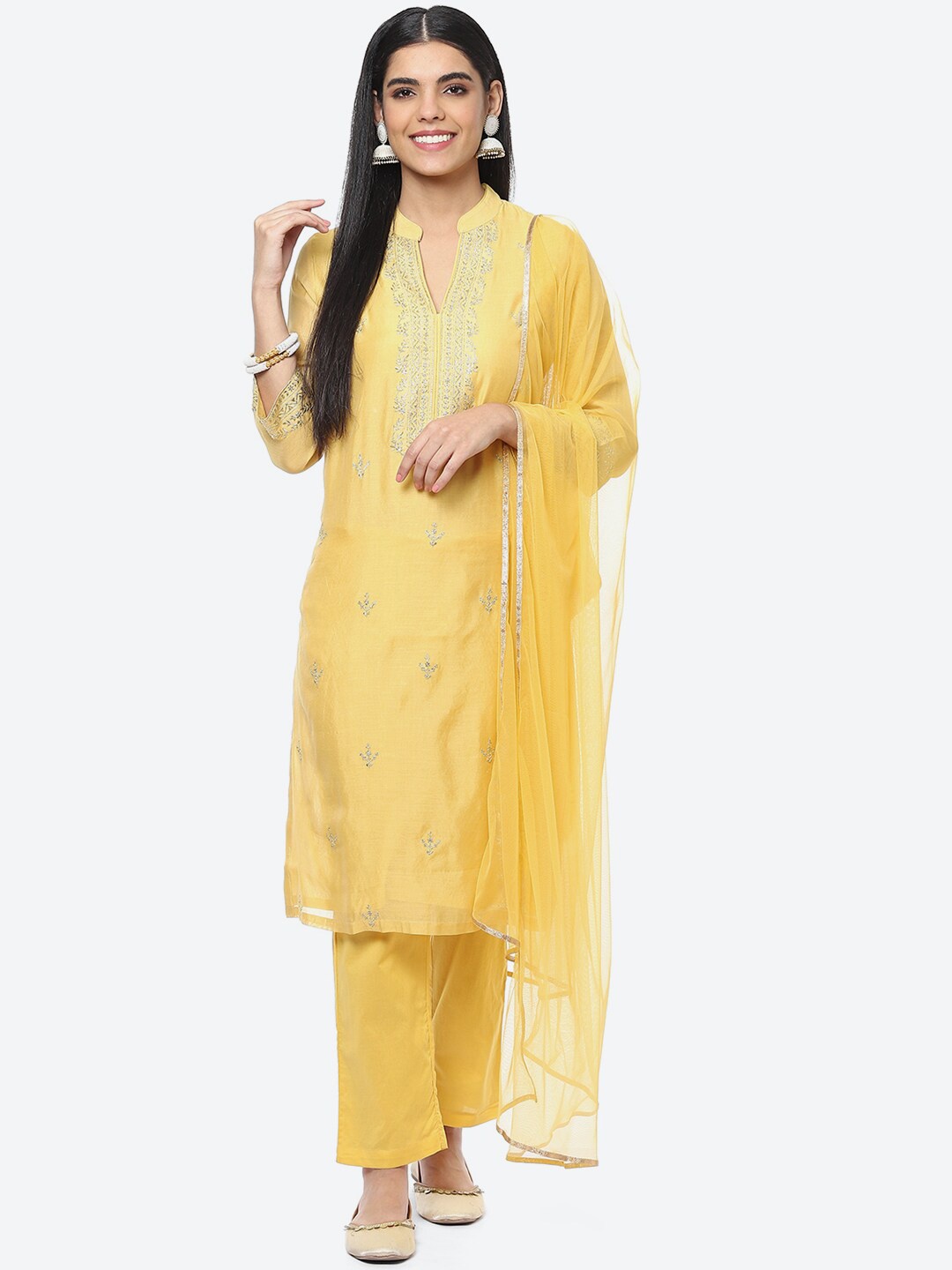 

Biba Ethnic Motifs Embroidered Thread Work Kurta with Trousers & With Dupatta, Yellow