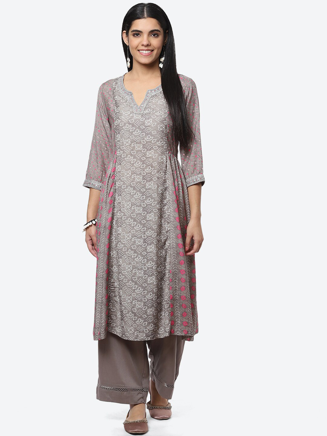 

Biba Ethnic Motifs Printed Panelled Thread Work Kurta with Palazzos, Taupe