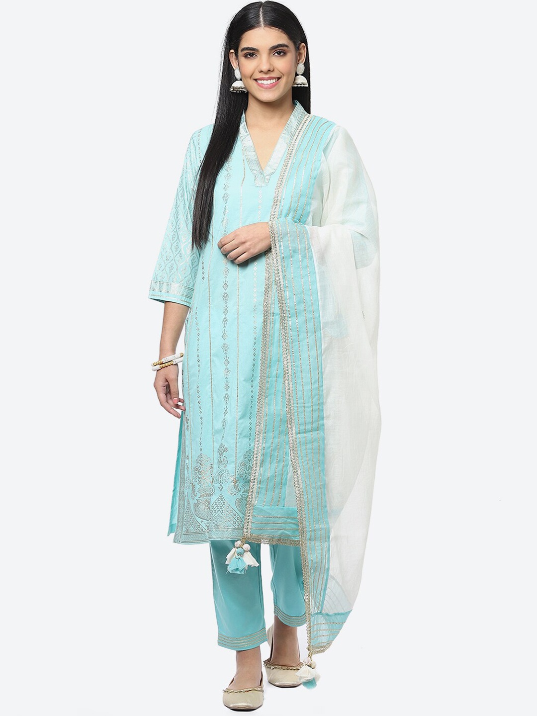 

Biba Ethnic Motifs Printed Sequinned Cotton Kurta with Trousers & With Dupatta, Blue