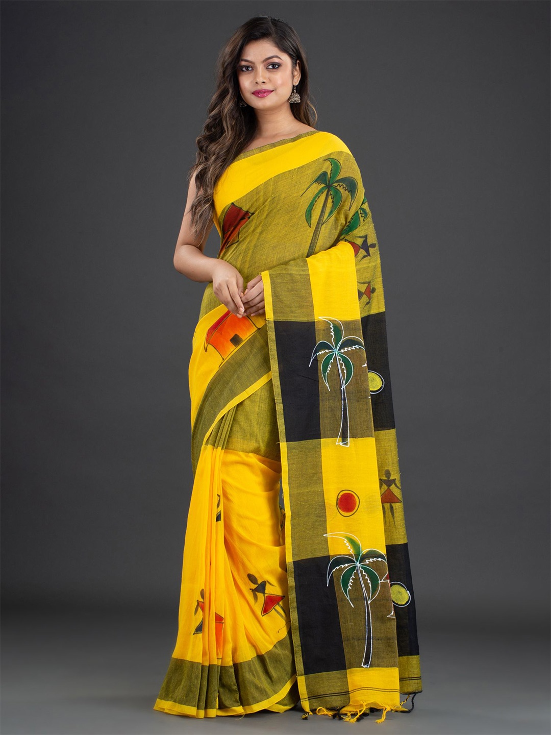 

Arhi Warli Printed Pure Cotton Saree, Yellow