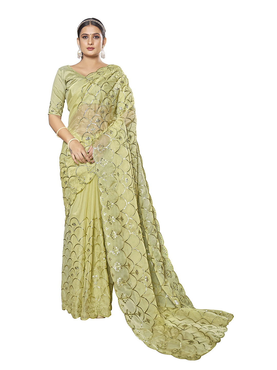 

MANOHARI Floral Embroidered Organza Saree, Green