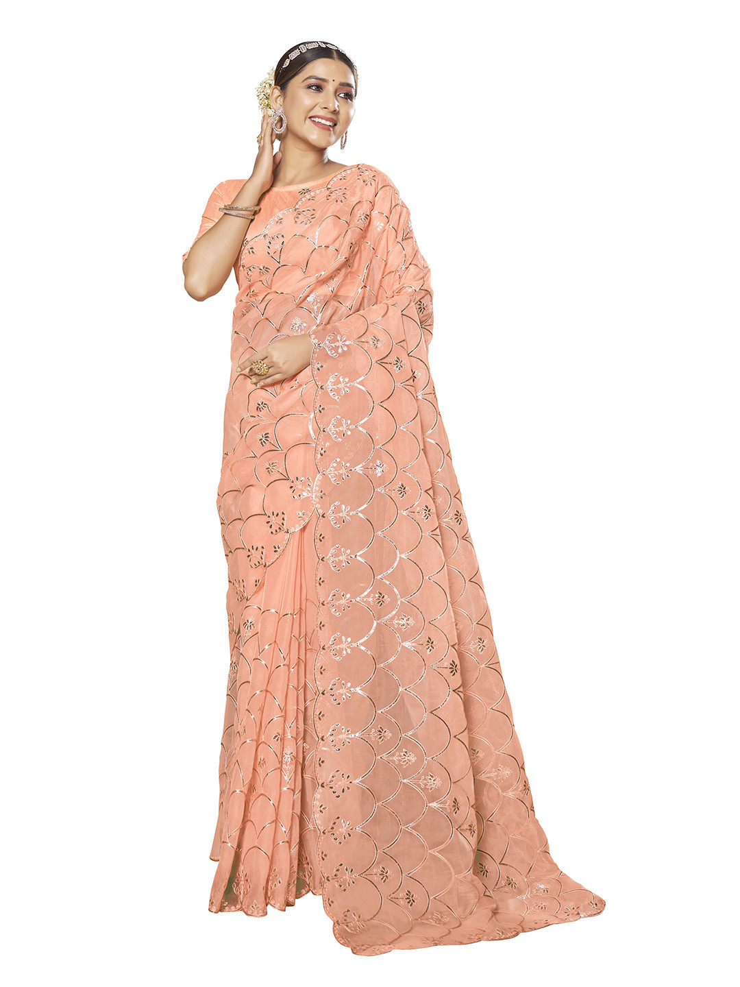 

MANOHARI Embellished Embroidered Organza Heavy Work Saree, Peach