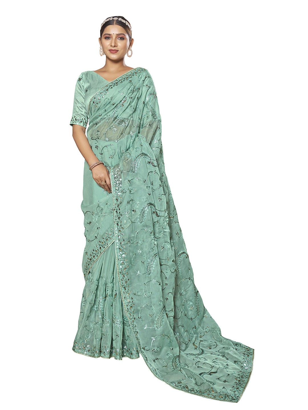 

MANOHARI Floral Embroidered Organza Heavy Work Saree, Sea green