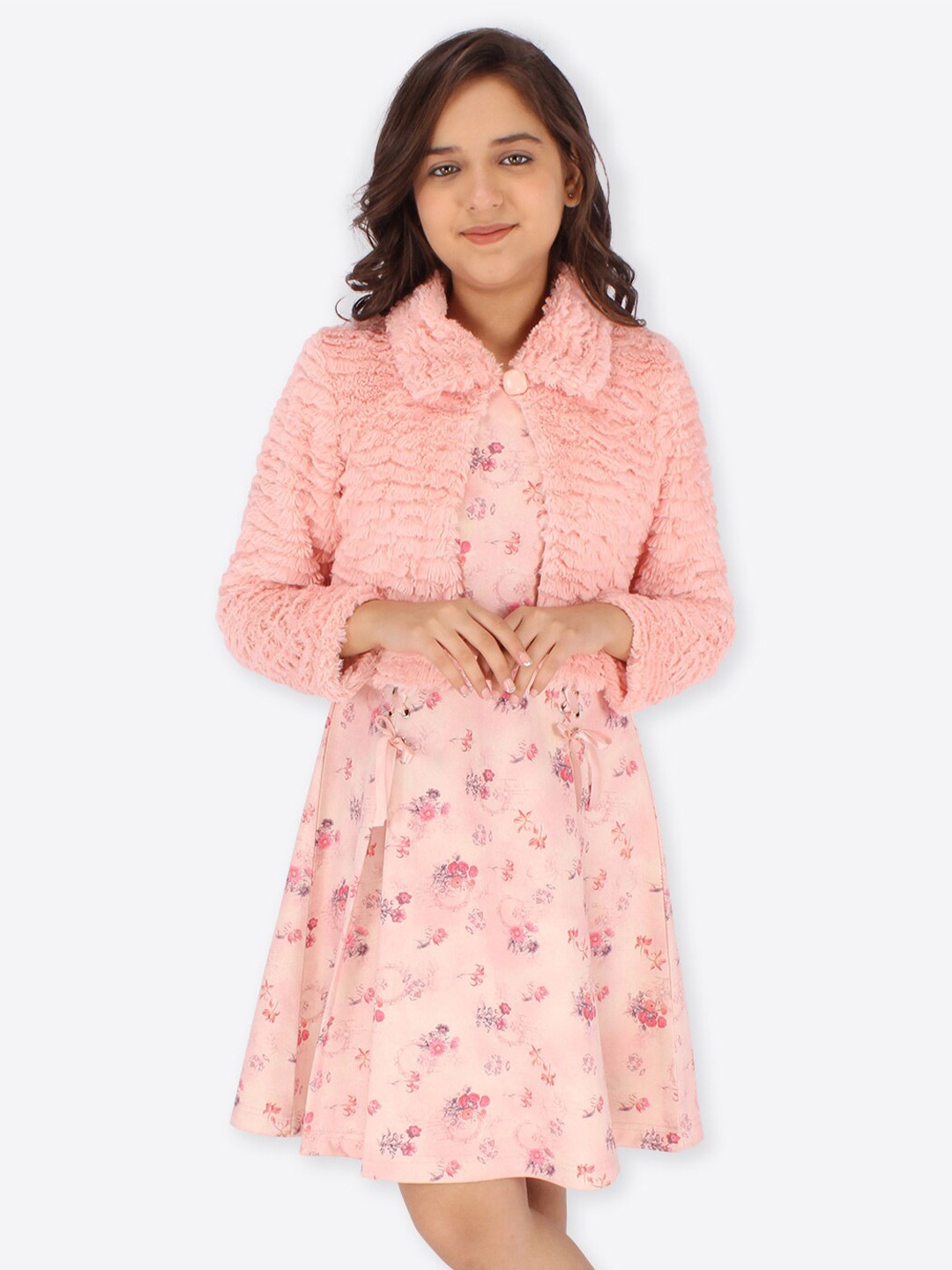 

CUTECUMBER Girls Floral Printed Fit and Flare Dress, Peach