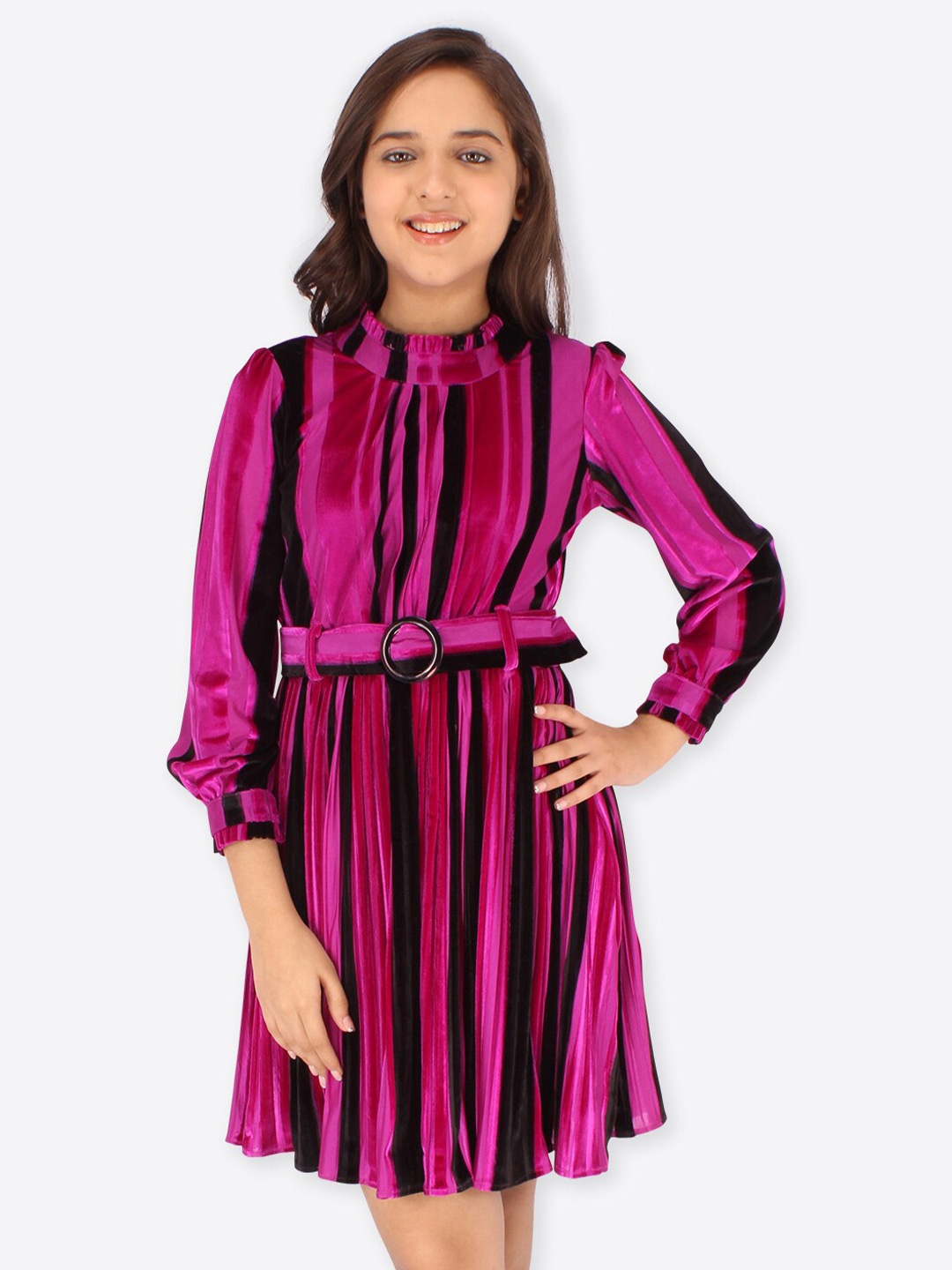 

CUTECUMBER Striped Belted Fit & Flare Dress, Pink