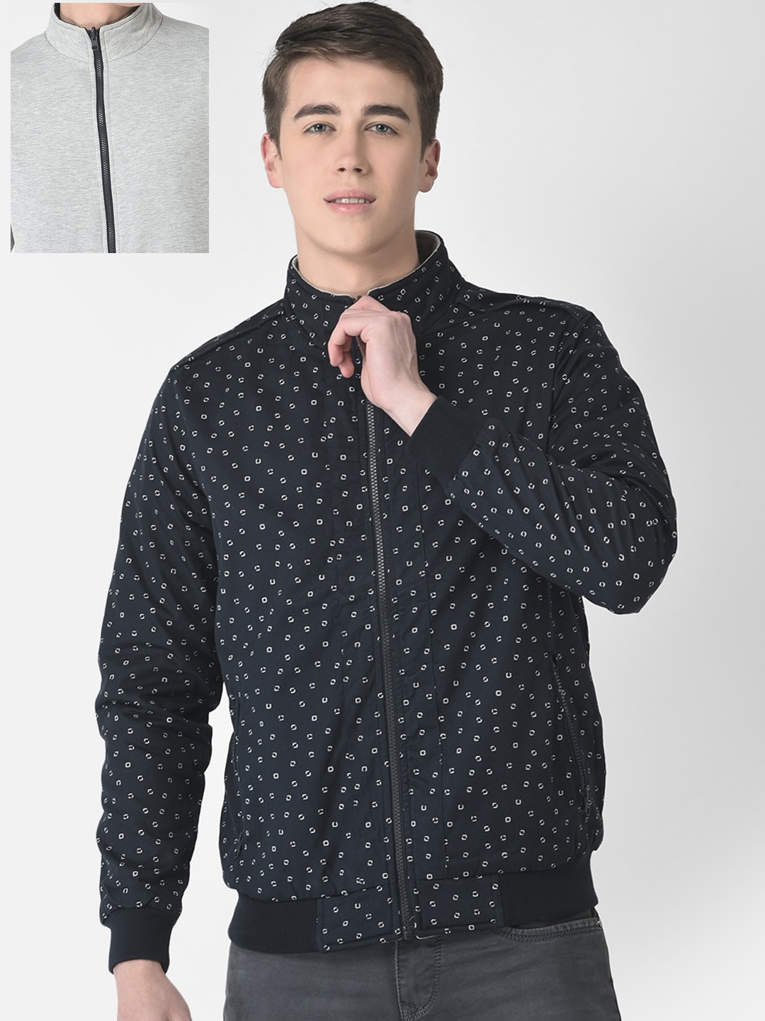 

Crimsoune Club Men Cotton Geometric Reversible Bomber Jacket, Navy blue