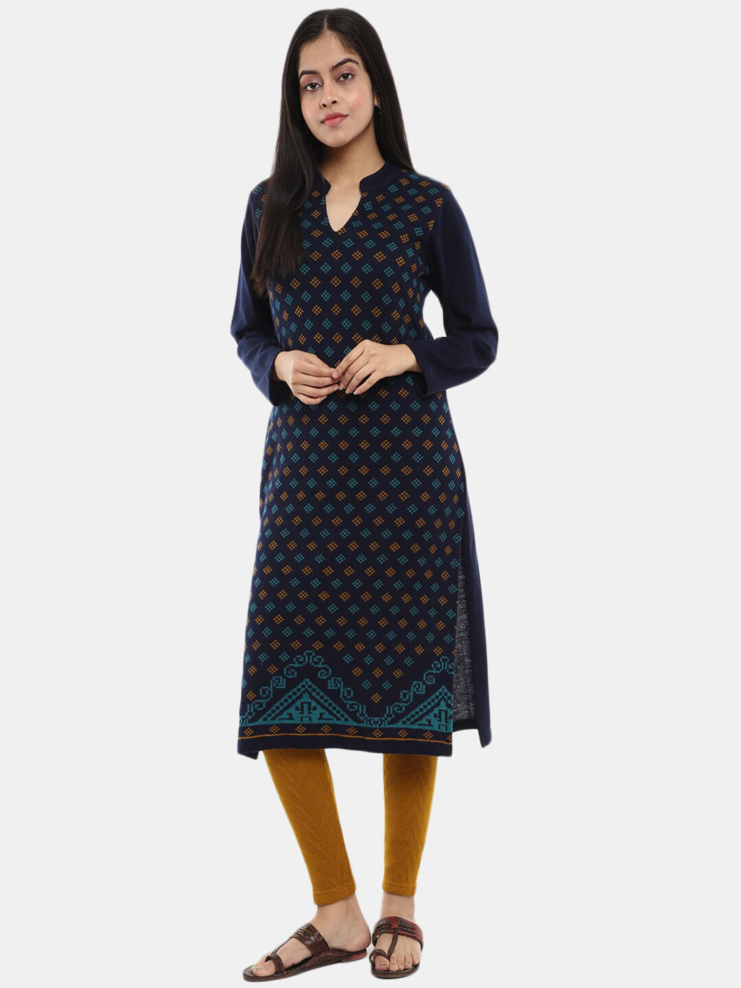 

V-Mart Women Ethnic Motifs Printed Jacquard Acrylic Kurta, Navy blue