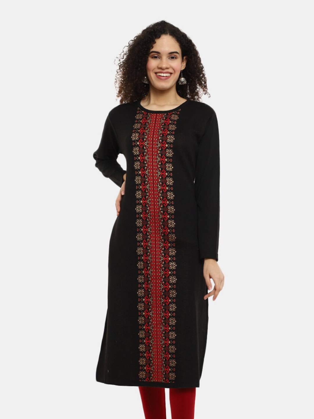 

V-Mart Women Ethnic Motifs Printed Jacquard Acrylic Kurta, Black