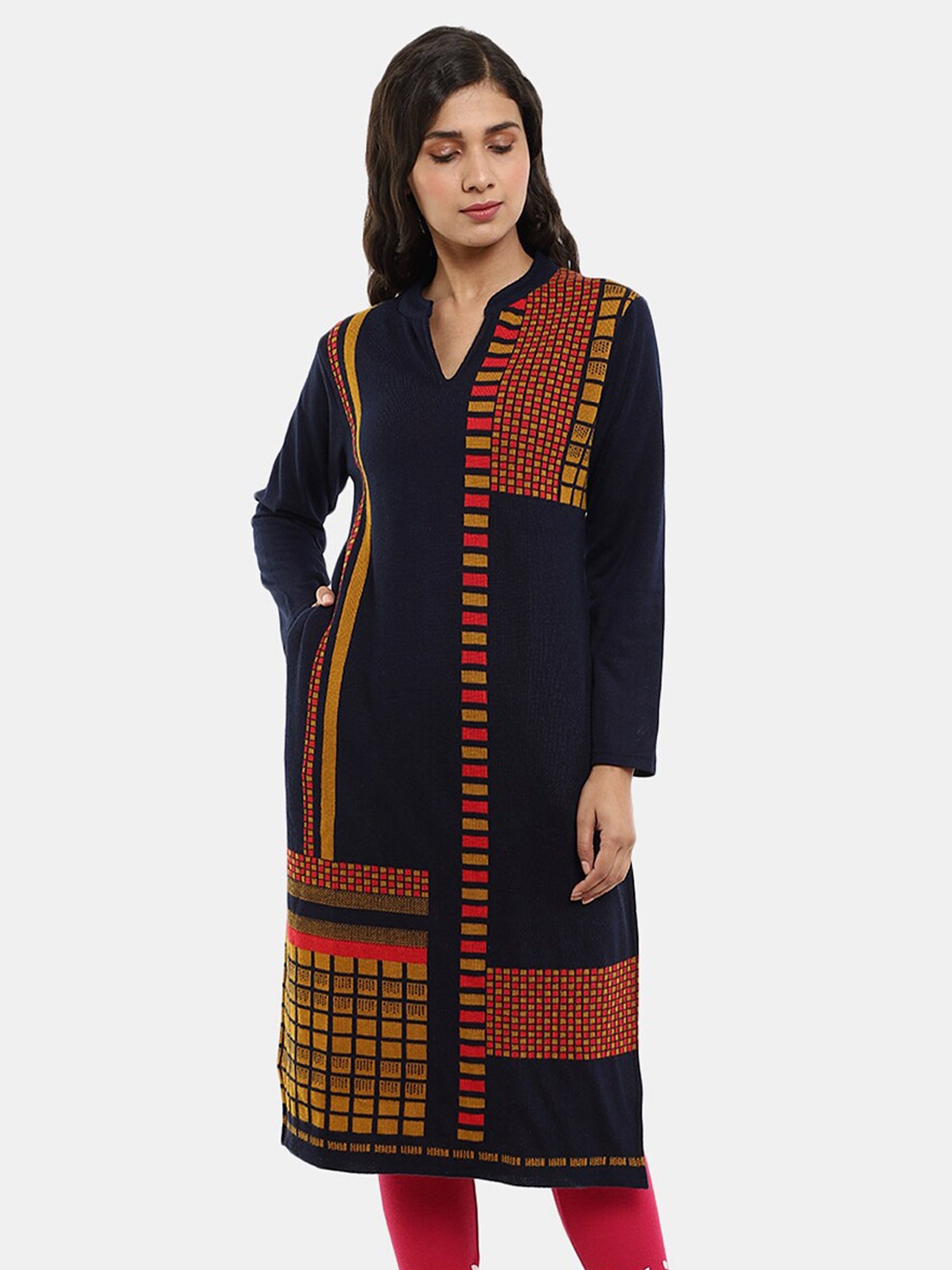 

V-Mart Women Geometric Printed Jacquard Cotton Kurta, Navy blue
