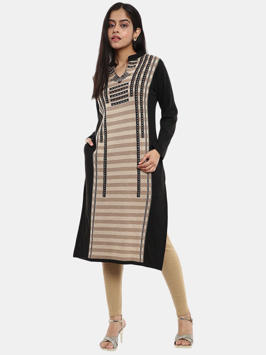 

V-Mart Women Ethnic Motifs Printed Jacquard Acrylic Kurta, Beige