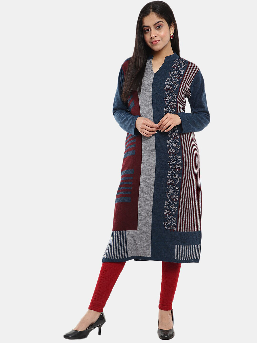 

V-Mart Women Colourblocked Mandarin Collar Jacquard Cotton Kurta, Blue