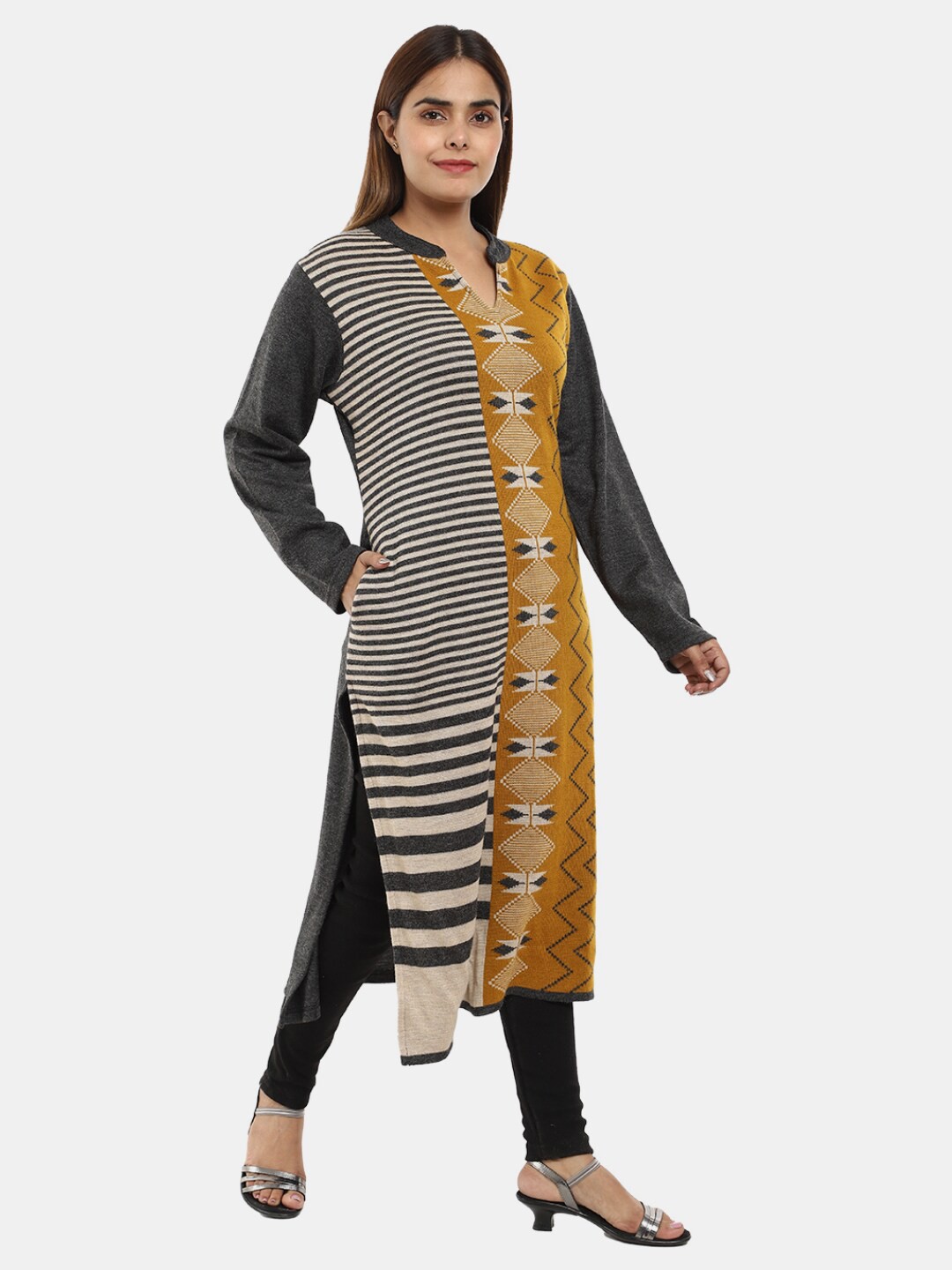 

V-Mart Women Striped Jacquard Acrylic Kurta, Yellow