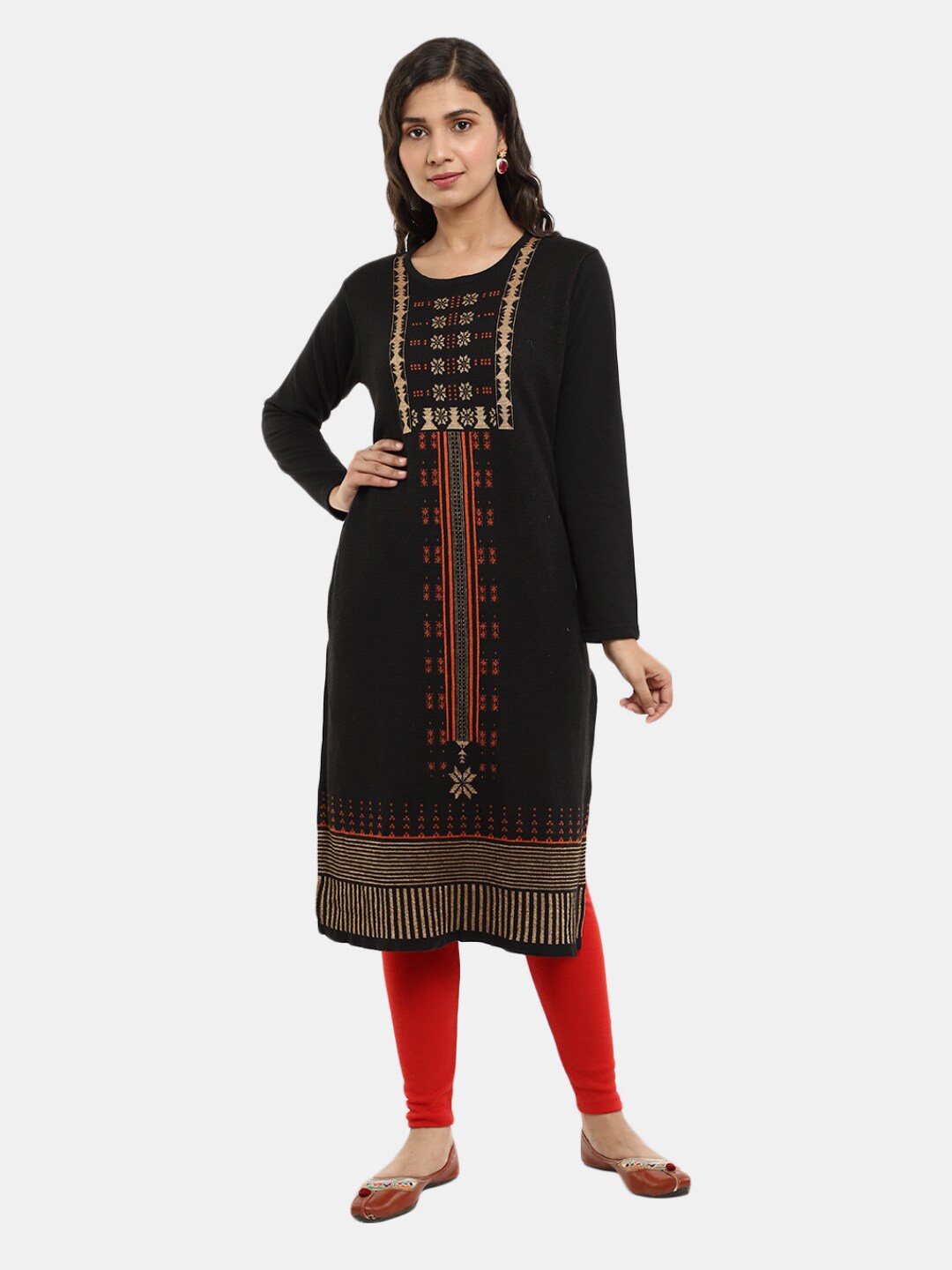

V-Mart Floral Printed Floral Jacquard Kurta, Black