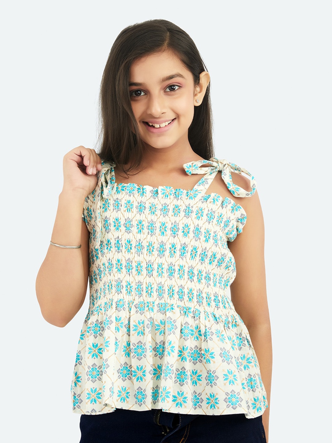 

Olele Off Girls Floral Printed Peplum Cotton Top, Off white