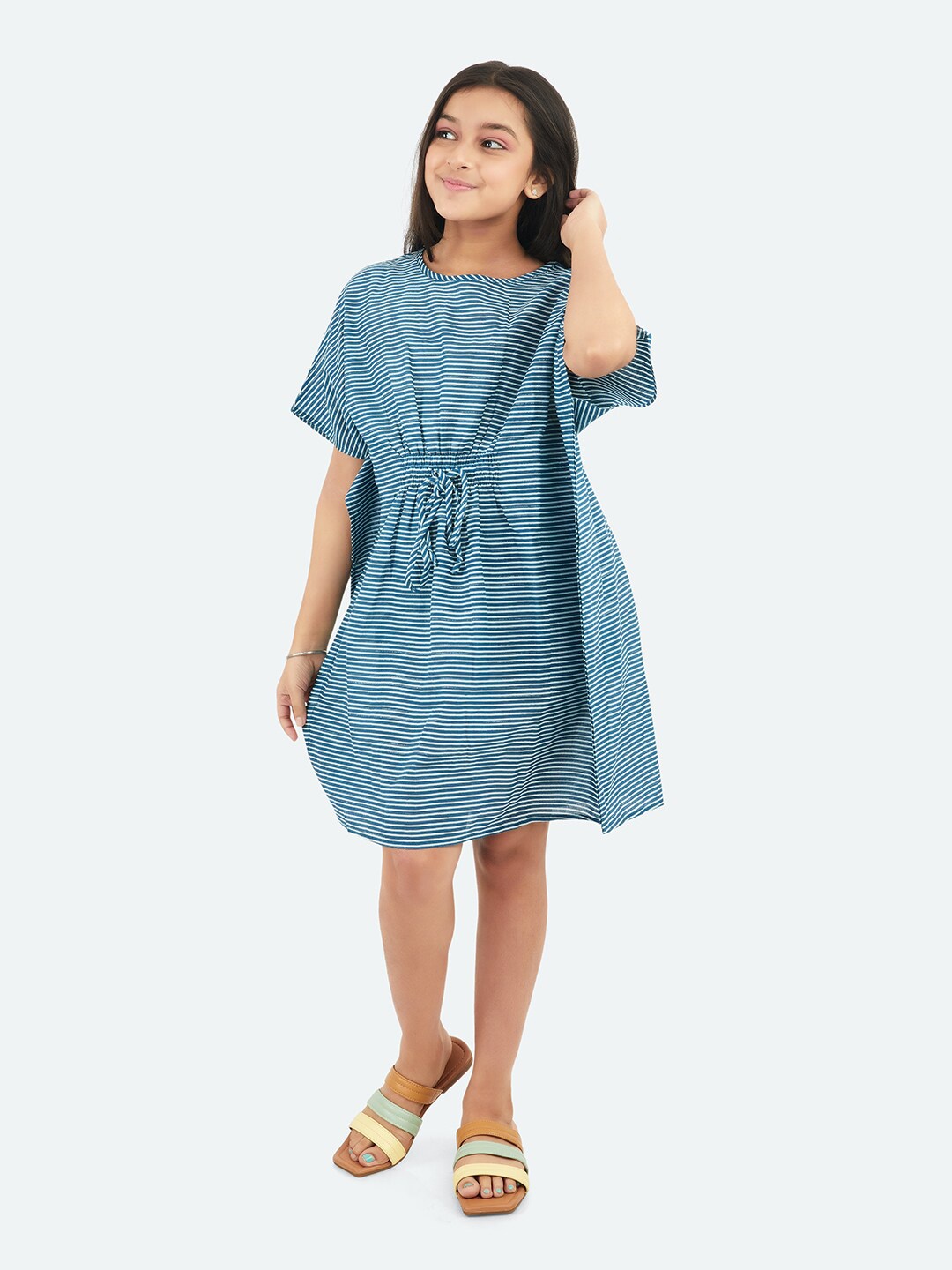 

Olele Girls Striped Kaftan Cotton Dress, Blue